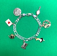 FANTASY ALICE IN WONDERLAND 925 SILVER CHARM bracelet w/4 gold 3 silver