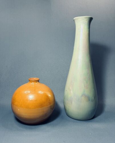 Set Of 2 Vintage Pearl Hand Deco Orange Green Gold Iridescent Glaze Vases - Afbeelding 1 van 13
