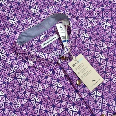 Tommy Bahama Violet Géométrique Chemise Manche Courte Taille L Tout Neuf W/Tags - Photo 1/4