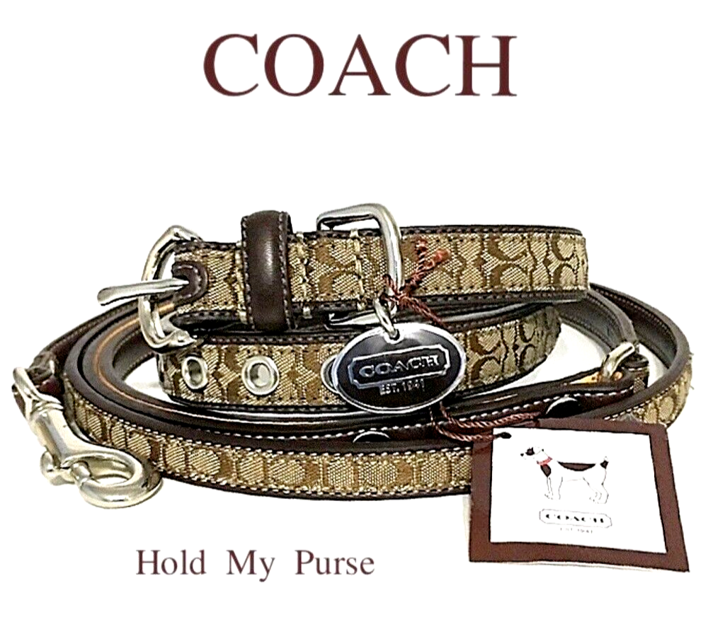 Coach Signature C Leather Dog Collar Leash Set rare size Medium