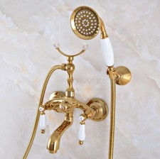 Polished Gold Brass Wall Mount Clawfoot Bath Tub Faucet w/Handheld Shower wna966