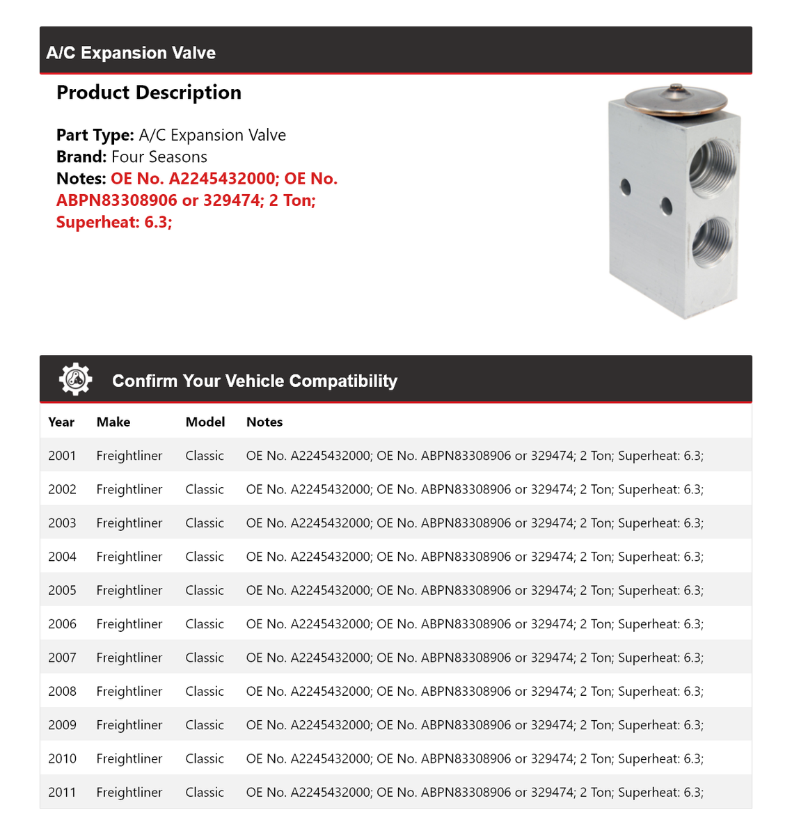 For 2001-2011 Freightliner Classic A/C Expansion Valve 4 Seasons