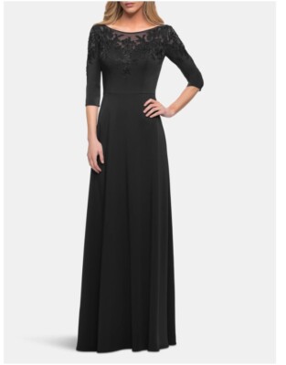 La Femme Jersey Mother of the Bride Gown with Lace Neckline - Black - 18  ~29227