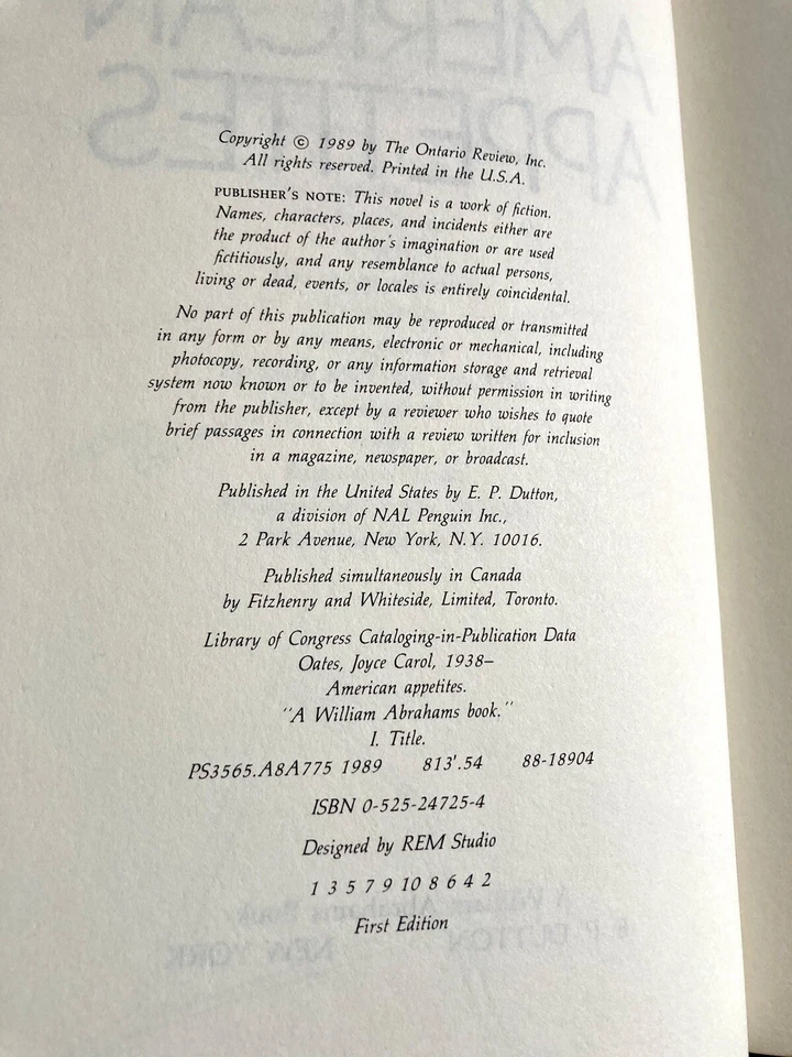 AMERICAN APPETITES by JOYCE CAROL OATES 1989 FIRST PRINTING HC/DJ MODERN NOVEL Foto 4 de 4