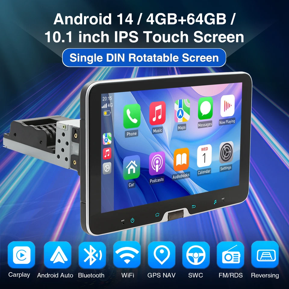 Single 1 DIN 4+64G Rotatable 10.1'' Android 14 Car Stereo Radio GPS Wifi SWC BT - Image 2 of 4