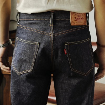 Men's 14oz Jeans Raw Red Line Selvedge Denim Pants Red Tornado Trousers 55501