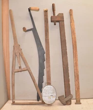 Antique farm tool lot log rule belt gauge hay knife wheat scythe collectible