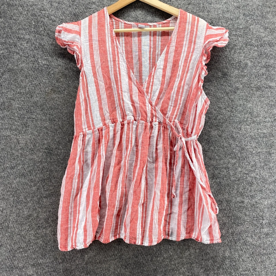 Blusa Antigua Azul Marino Mujer XL Maternidad Rosa Rayas Cuello en V Lino Atar Manga Corta Foto 4 de 4