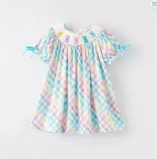NEW Boutique Peeps Easter Bunny Rabbit Girls Smocked Embroidered Dress