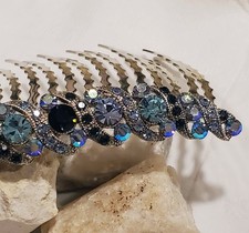 Vintage Navy Blue Aquamarine Crystal Hair Comb. Silver Comb. Wedding Hairpiece.
