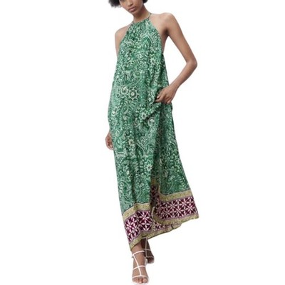 NWT Zara Green Paisley Boho Halter Neck Viscose Maxi Sundress Size S
