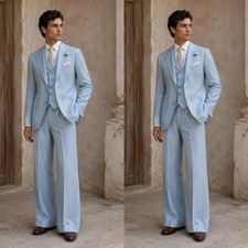 Blue 3Pcs Men's Suits Wedding Grooms Formal Dinner Coat Casual Wear Jackets