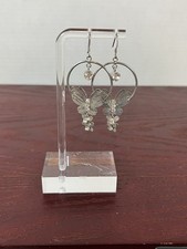 Butterfly Spring Hoops Rhinestones Pierced Earrings Silvertone