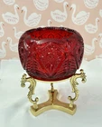 Fenton Art Glass Ruby Red Rose Bowl in Brass Stand Starburst & Tree Pattern