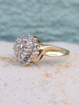 10k massiver Gelb & Weißgold Diamant Herz Stufenring Größe 7 signiert A1 4,0 Gramm