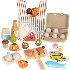 Cute Wooden Kitchen Play Food Set with Shopping Bag - Perfect for Toddlers