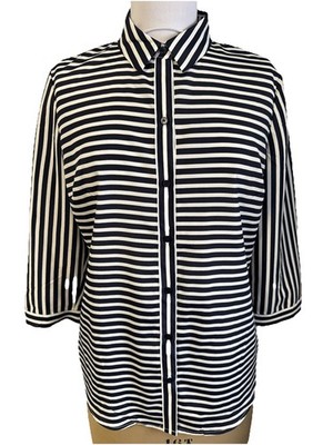 The Limited Women's L Button Up Shirt Blue White Striped 3/4 Sleeve Blouse