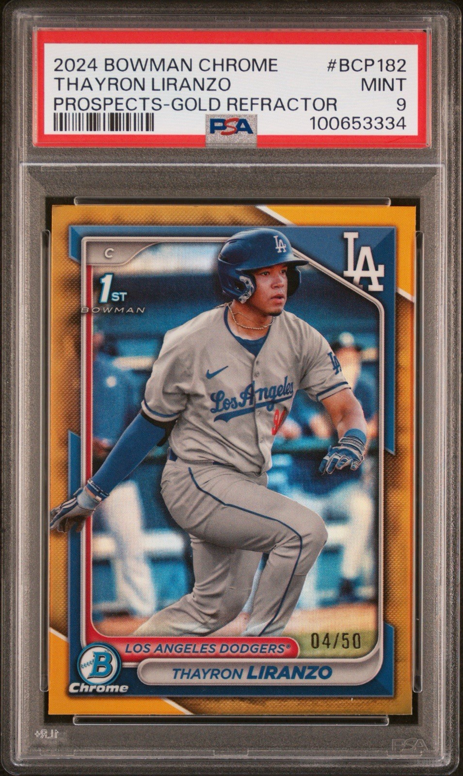 2024 Bowman Chrome #BCP-182 Thayron Liranzo Gold Refractor 4/50 PSA 9