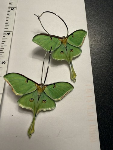 Green Luna Moth Hoop Earrings Acrylic Wood Charm Nature Insect Jewelry Statement