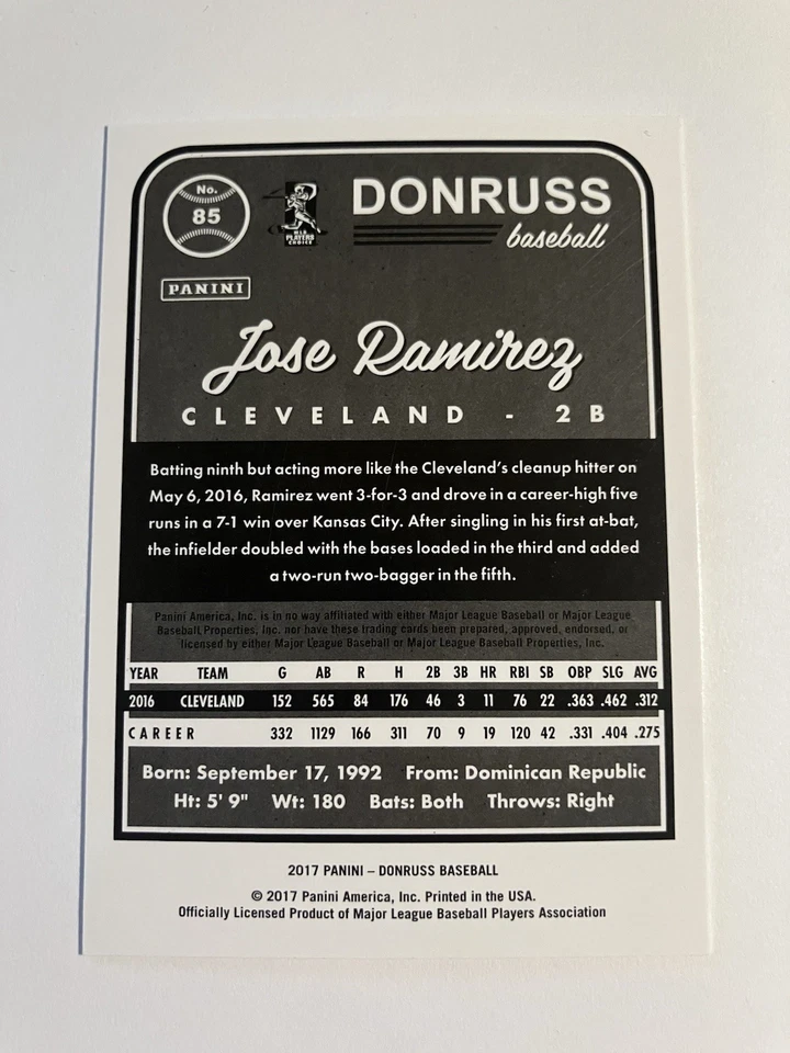 Jose Ramirez 2017 Donruss Baseball #85 Cleveland Indians - Image 2 of 2