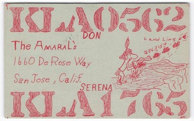 Vintage 1960s Hand-Drawn KLADE52 QSL Card San Jose CA Amateur Radio
