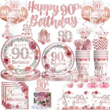 192pcs 90th Birthday Decorations Women Serves 25 Rose Gold Plates Napkins Banner