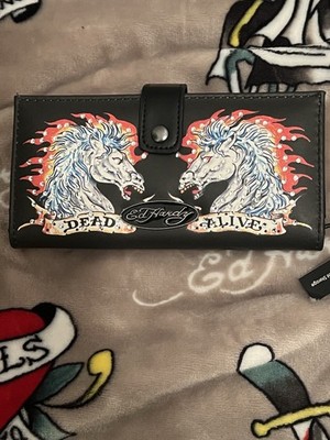 Ed Hardy Wallet Card Holder Rhinestone Unicorn Black Leather Snap