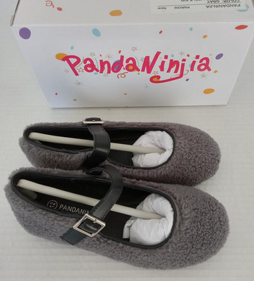 Sz 12 Kids PandaNinjia Girls Gray Sherpa Fleece Flats Mary Jane Straps Shoes New