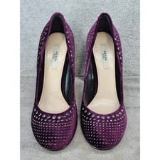Prada Purple Velvet Studded Round Toe Block Heel Pumps Shoes Size 37 Italy