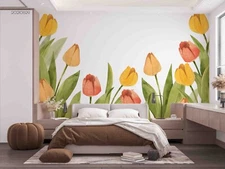3D Tulips Plants Watercolor Self-adhesive Removable Wallpaper Murals