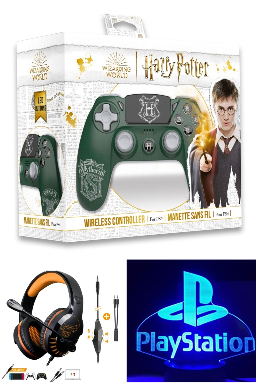 Manette PS4 Bluetooth Serpentard verte lumineuse et casque, cadeau idéal gamer