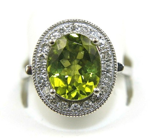 Natural Oval Green Peridot & Diamond Halo Solitaire Ring 14k White Gold 4.02Ct - Picture 6 of 7