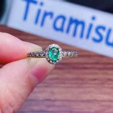 Sterling Silver 18K Gold Plated Natural Oval Cut Emerald Engagement Ring for Her