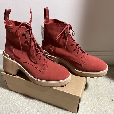 Sorel Boots Women's Hi-Line Heel Lace-Up Suede Waterproof Red Chunky Heel