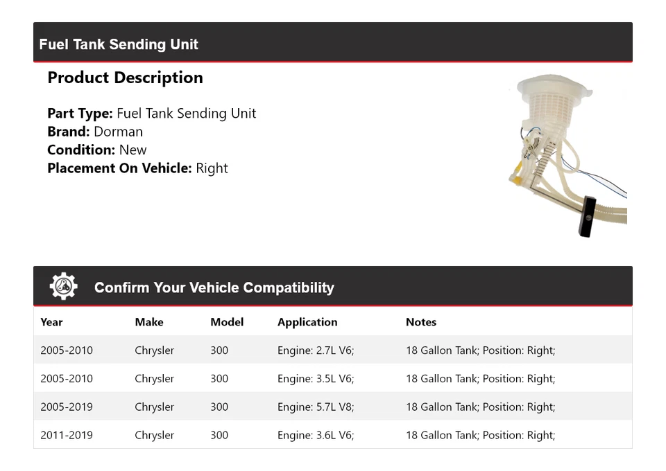 Unidad de envío de tanque de combustible derecha para Chrysler 300 Dorman 2005-2019 2006 2007 2008 Foto 2 de 4
