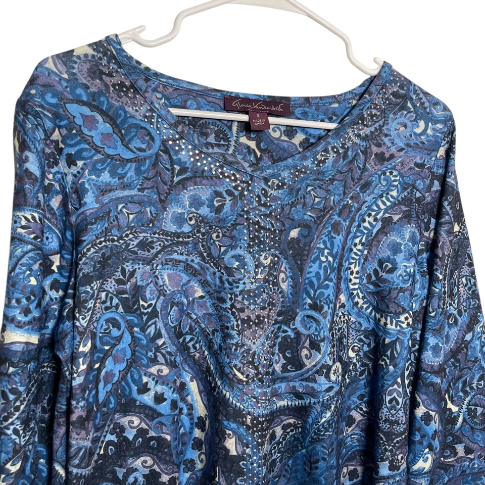 Gloria Vanderbilt Shirt Women's Small Rhinestone Blue Printed Casual Blouse Top Foto 2 de 4