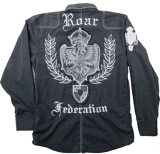 ROAR Button Up Shirt Federation SR Embroidered Striped Black Tribal Mens Sz L 