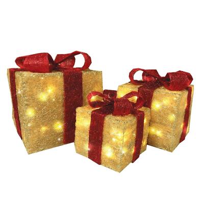 Neu 3 beleuchtete Weihnachtspakete gelbe Box Weihnachten festliches Set unter Baum Geschenk