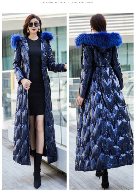 Womens Real Fur Collar Hooded Ankle Length Super Long Down Jacket