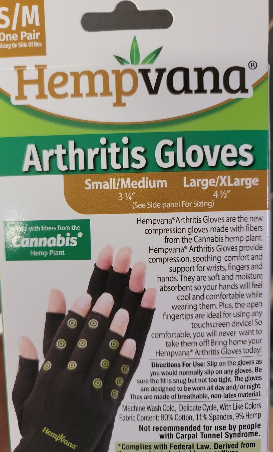 Hempvana Relief Arthritis Compression Support Gloves Size S/M