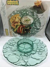 Vtg Indiana Glass Green Glass Chip & Dip In The Madeira Raised Fruit Pattern 13”