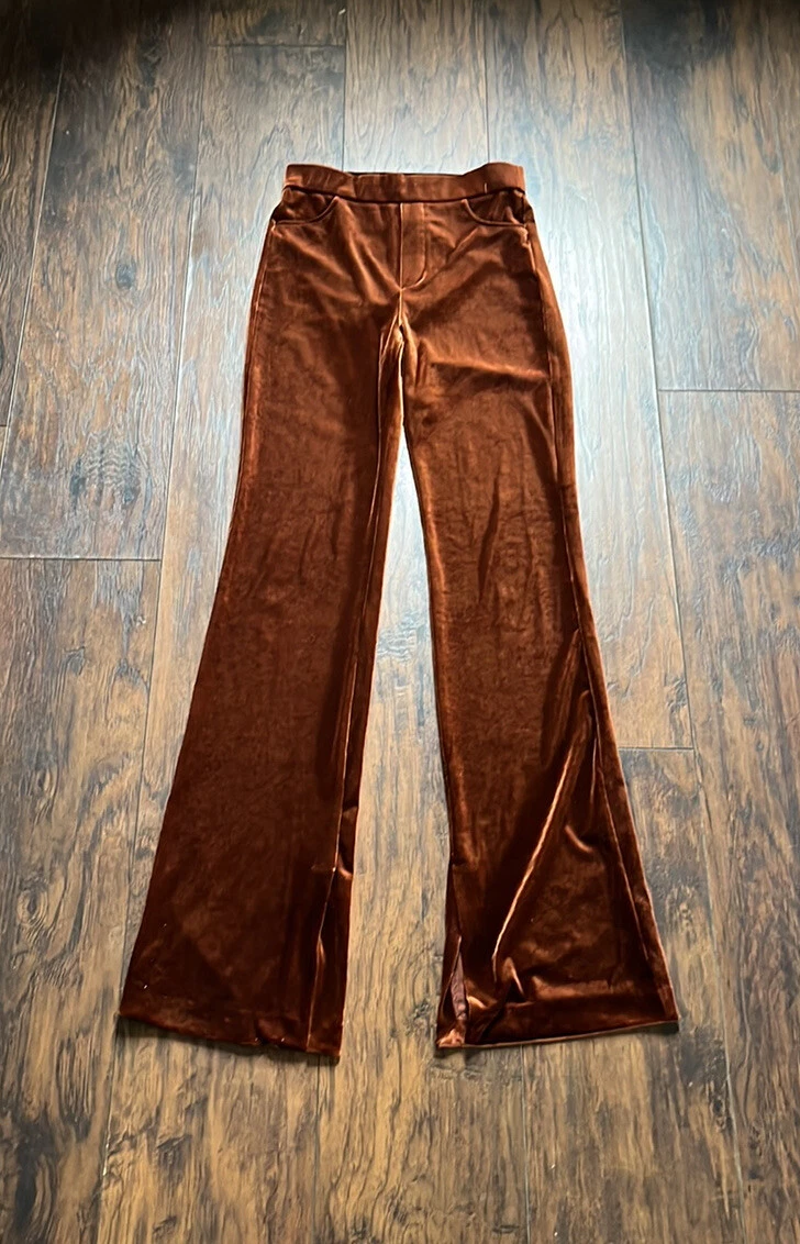 Zara Brown Velvet Elastic Waistband Spilt Flared Pants Sz XS