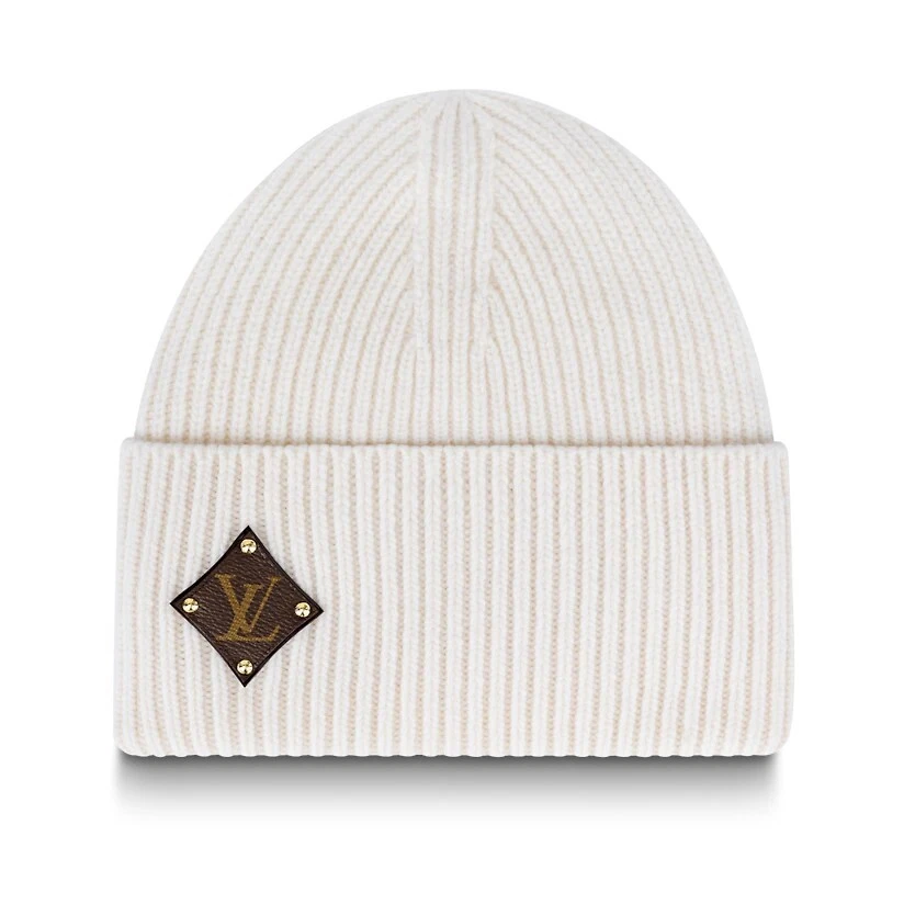 LOUIS VUITTON Knit Hat Bonnet LV Beanie Wool Leather Tag 48 White