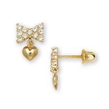 14K Yellow  White Gold Sweet Bow  Heart Dangle Earrings for Girls