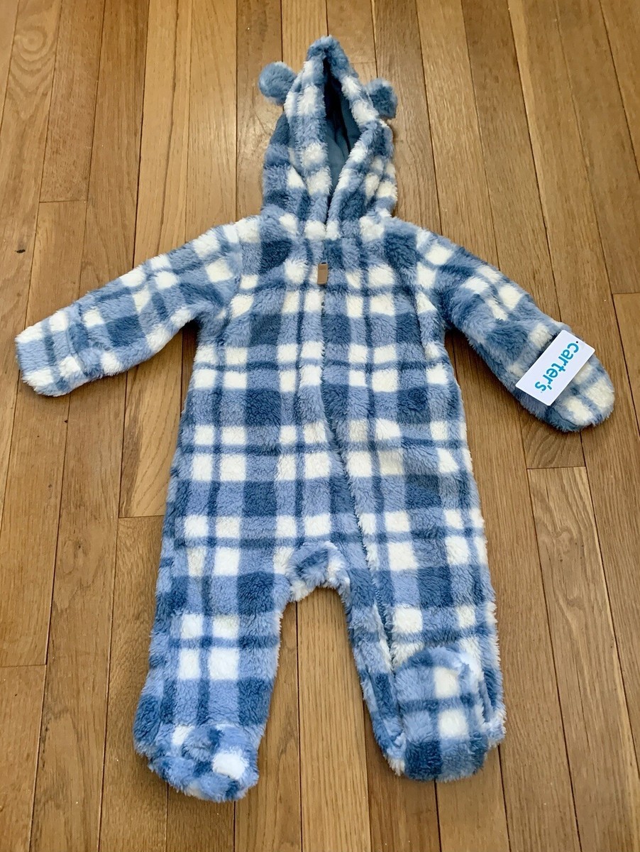 Carters Baby Boy 6M Bodysuit Pram Bunting Snowsuit Blue Plaid Fleece Bear  Hood