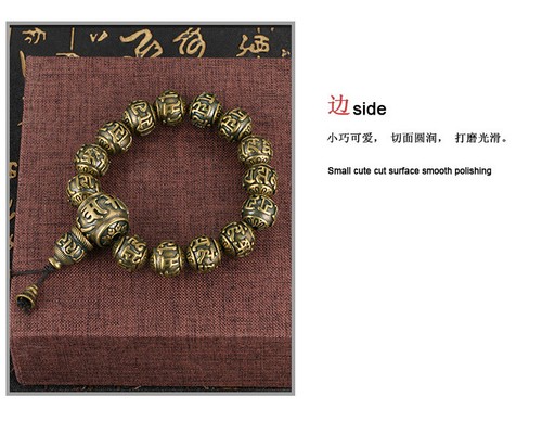 Brass Obsidian Bracelet Men's Handmade Six Character Authentic Antique Jewelry - Picture 19 of 23