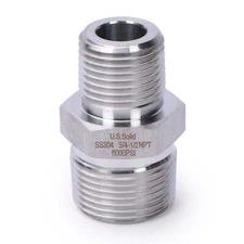 U.S. Solid 304 Stainless Steel Fitting Hex Nipple, NPT 3/4" Male x 1/2" Male