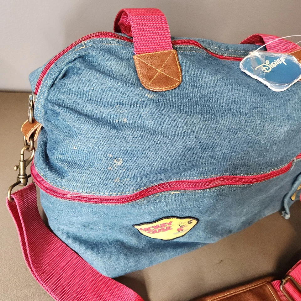 Bolso de Lona Vintage Disney Mickey Mouse Azul Denim Rojo Correa Parche Viaje Años 90 Foto 4 de 4