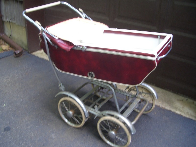 Vintage Baby Carriage Silver Metal Frame Large Wheels Red Leatherette