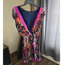 Renee C Womens Navy Pink Paisley Floral Faux Wrap Mini Dress Size Large 1588DR